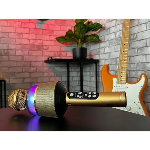 mikrofon karaoke STAR MIC, BT, RGB svjetlosni efekti, baterija, zlatni